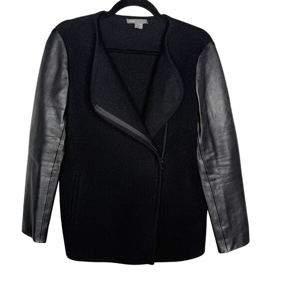 Vince Womens XSmall XS Black Leather Sleeve Asymmetrical Boucle Wool Jacket - Picture 1 of 12